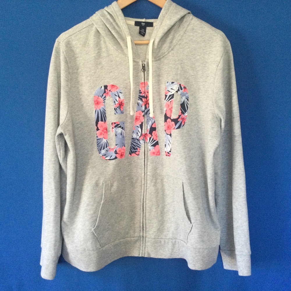 GAP XL Women's Hoodie Full Zip Sweatshirt Gray with Floral Logo